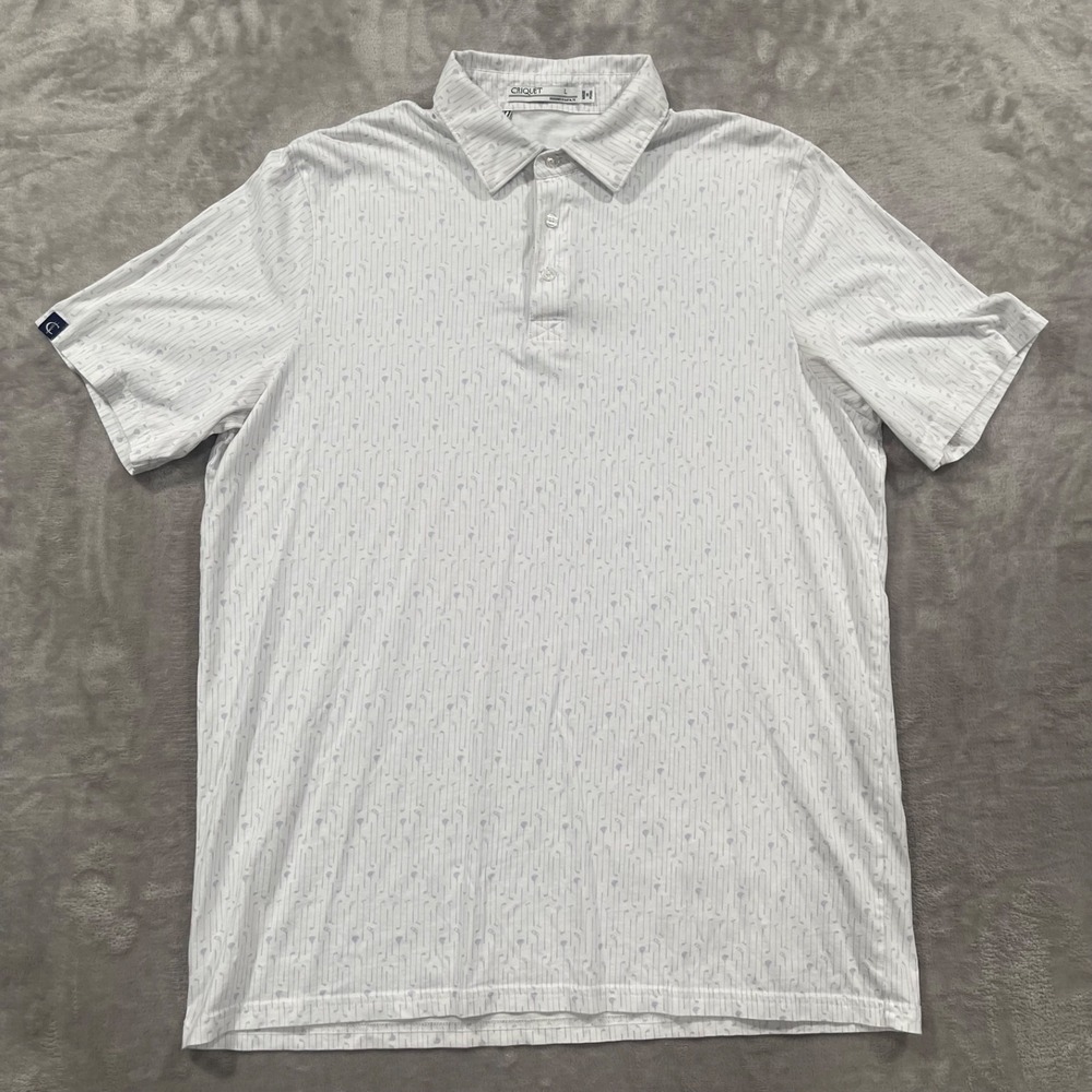 Criquet Shirt Mens Large White Polo Golf Clubs Print Performance Casual